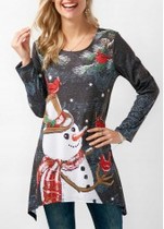 Snowman Print Long Sleeve Christmas T Shirt | modlily.com - USD $30.03